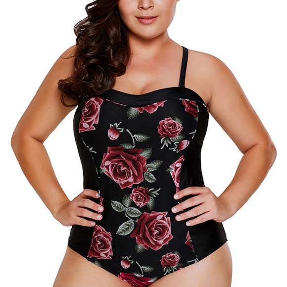 Plus Size Rose Print Hourglass One Piece Swimsuit - Picture 2 of 5
